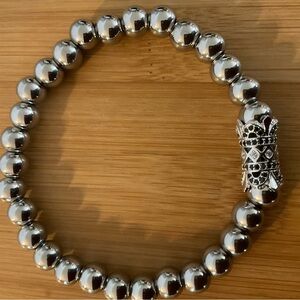 Hand Crafted Silver Beaded Bracelet Pave Stretch 7” Unisex Steel Beads